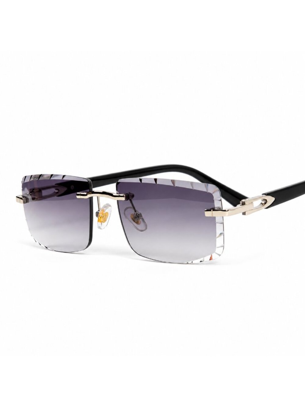 Silver Frame Purple Tint Rimless Gem Cut Black Composite Temple Sunglasses